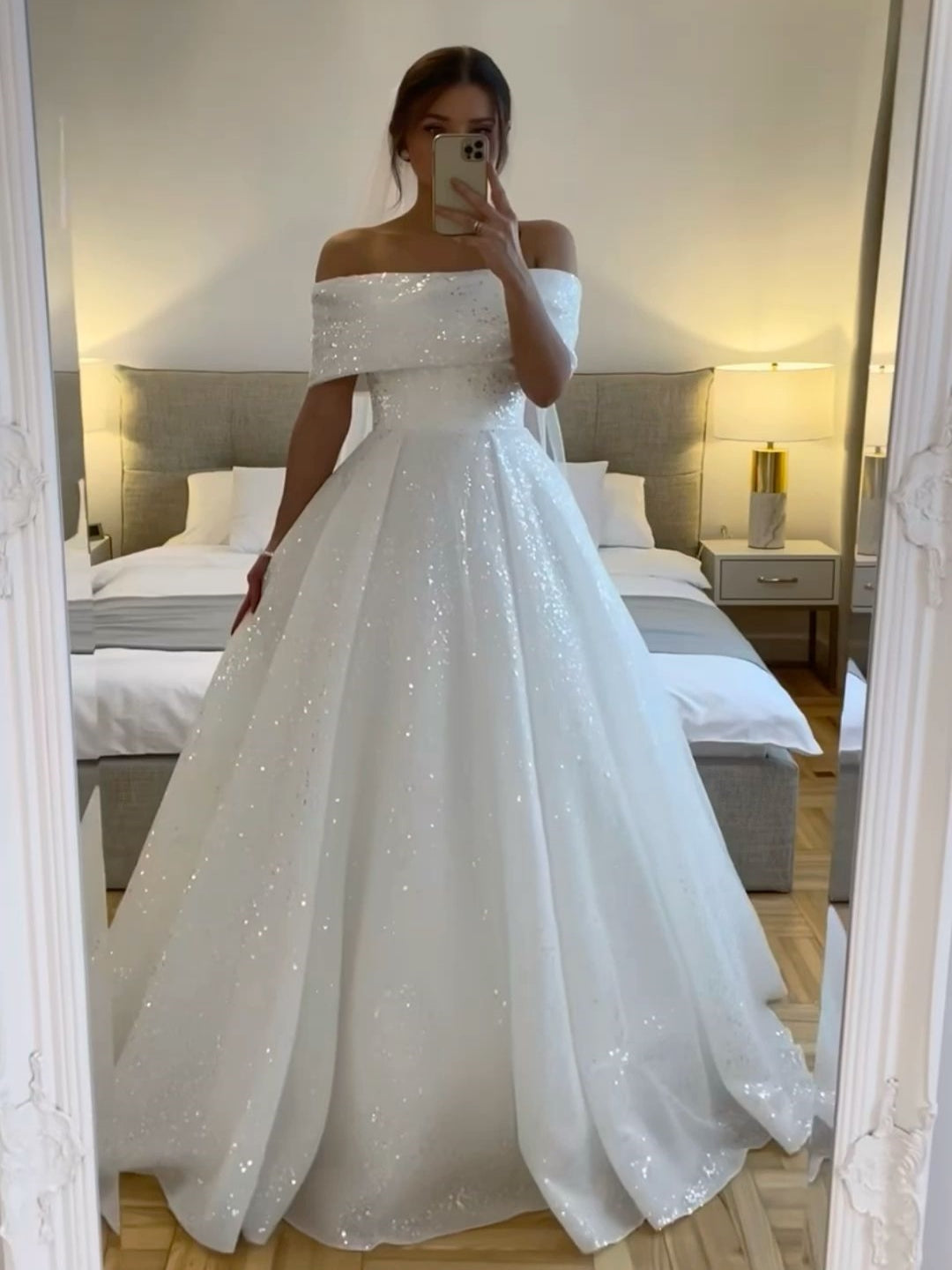 Sparkle Off-Shoulder Fold-Over A-Line Ballgown Wedding Dress