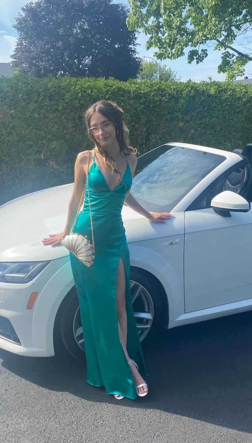 Spaghetti Straps Green Long Prom Dress With Slit Satin Evening Dress