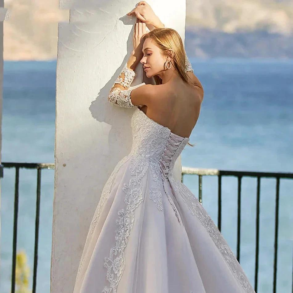 Word Wedding Dresses Women's Elegant Bohemian Beaded Sweetheart Princess Off Shoulder Long Sleeve Lace Applique Bride Gowns (ZD14170)