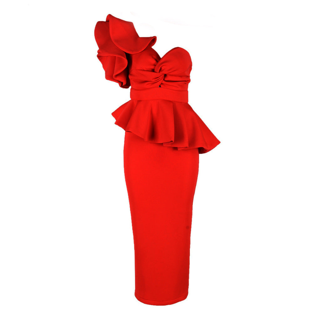 Party Formal Cocktail Evening off - Shoulder Ruffled Backless Dinner Dress