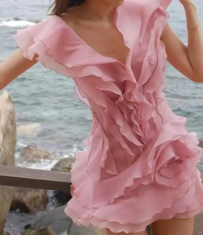 Classy V-Neck Pink Chiffon Ruffle Short Cocktail Dress Homecoming Dress - View 2 | FashionDia