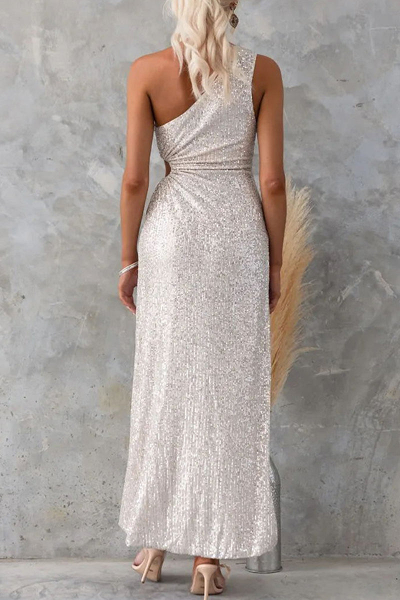 Celebrities Formal Solid Sequins Draw String Slit Oblique Collar Evening Dress Dresses - View 5 | VelvetHem