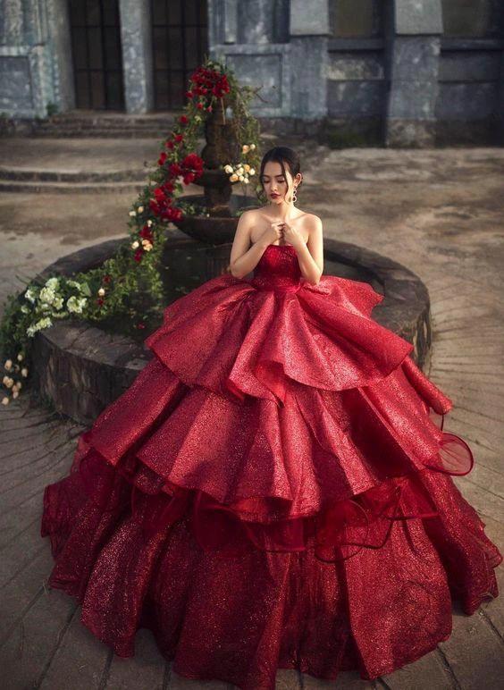 Pretty princess off the shoulder red sparkle ball gown wedding dress with tiered skirt and glitter tulle Y55 by simplepromdress