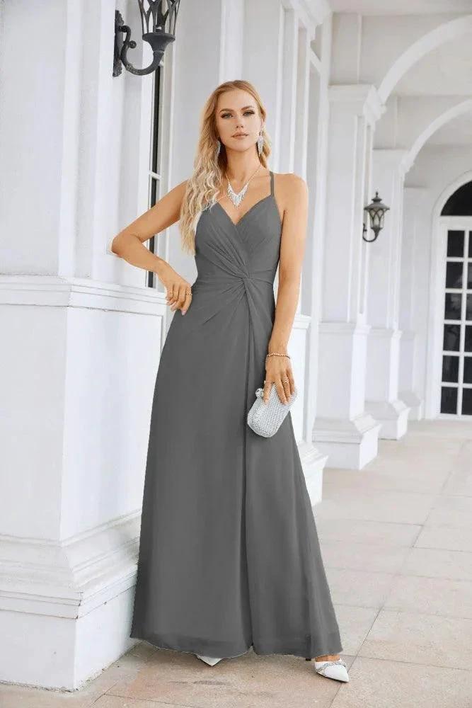 Ladies Chiffon Spaghetti Strap V Neck Front Slit Floor Length Bridesmaid Evening Dress Prom Party Wedding Evening Dress 28116 by numbersea