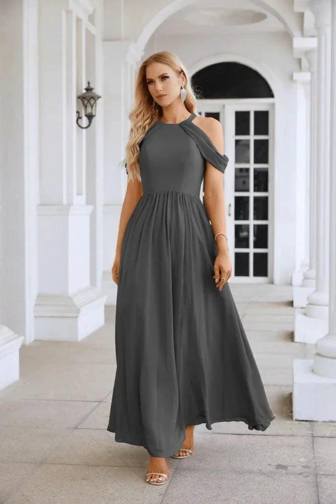 Ladies Chiffon Off Shoulder Swing Sleeve Front Slit Bridesmaid Evening Dress Wedding Party Evening Dress 28117 by numbersea