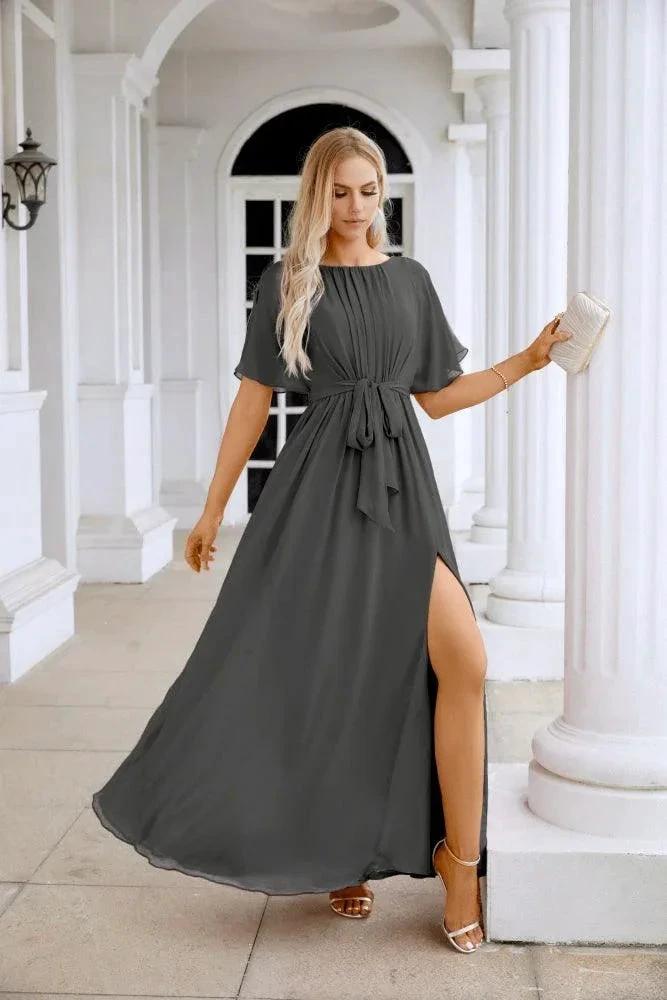 Ladies Chiffon Sleeve Crew Neck Front Slit Floor Length Bridesmaid Evening Dress Wedding Party Evening Dress 28124 by numbersea