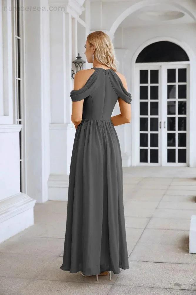 Ladies Chiffon Off Shoulder Swing Sleeve Front Slit Bridesmaid Evening Dress Wedding Party Evening Dress 28117 (ZD17011)