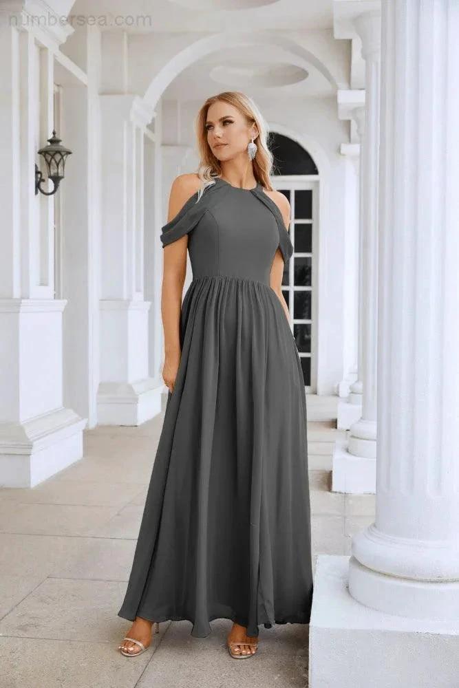 Ladies Chiffon Off Shoulder Swing Sleeve Front Slit Bridesmaid Evening Dress Wedding Party Evening Dress 28117 (ZD17011)