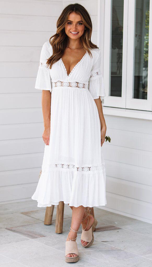 Jaylan Tiered Crochet Lace Midi Dress Off White FINAL