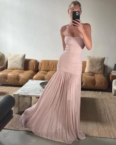 Beautiful Mermaid Strapless Neckline Pink Long Chiffon Party Dresses Prom Dress - View 2 | FashionDia