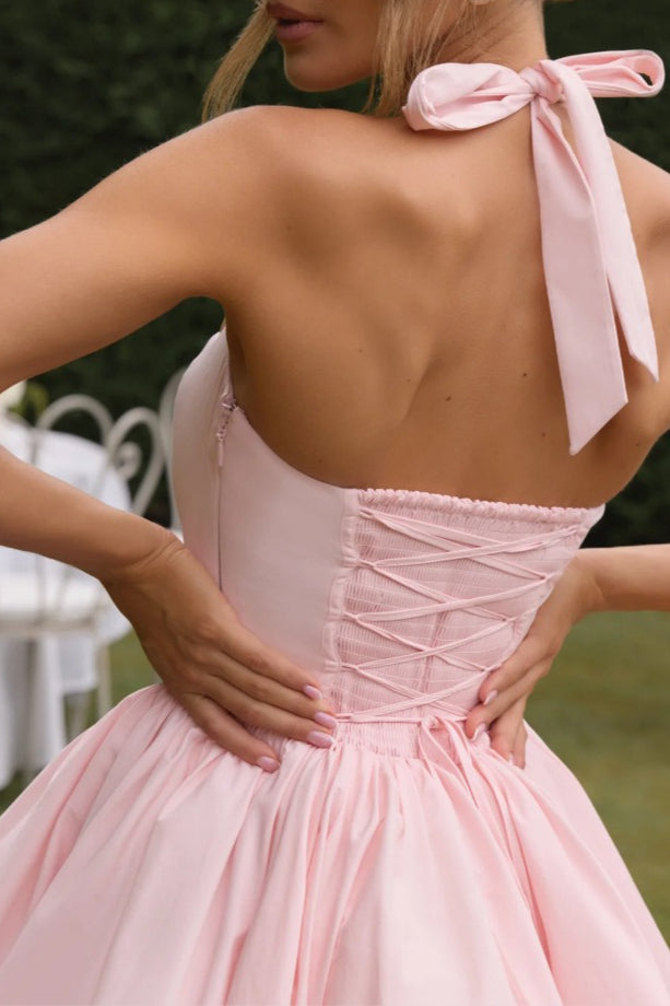 Elegant Halter Tie Bow Puffy Hem Mini Dress