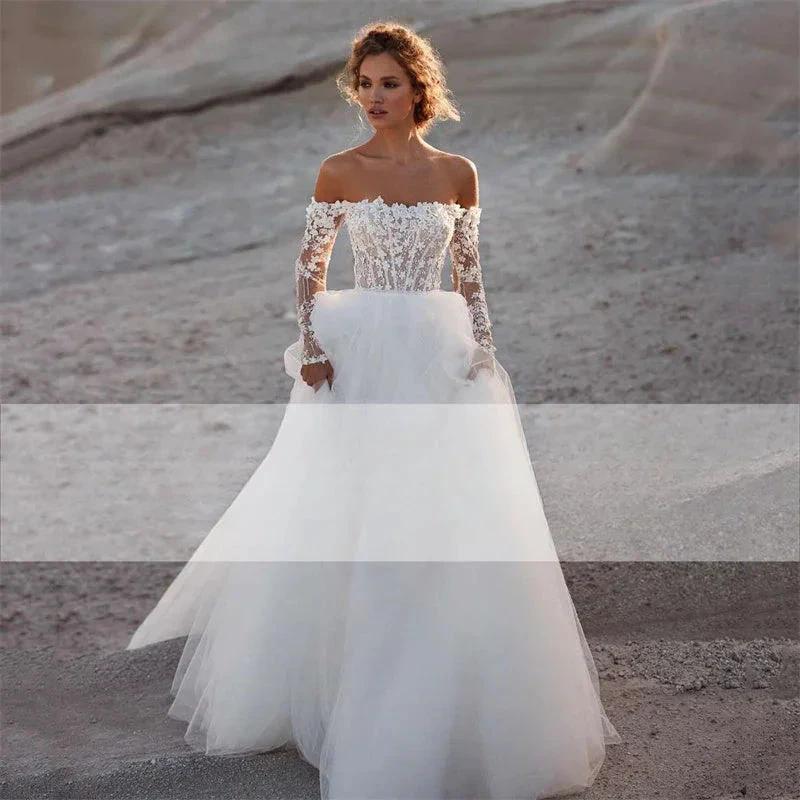 Elegant A-Line Wedding Dress 2023 Women Lace Open Back Strapless Long Detachable Sleeve Bridal Gown Sweep Train Vestido De Noiva (ZD13357)
