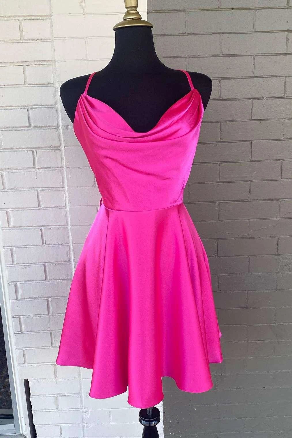 Neon Pink Cowl Neck A-Line Homecoming Dress (ZD12544)