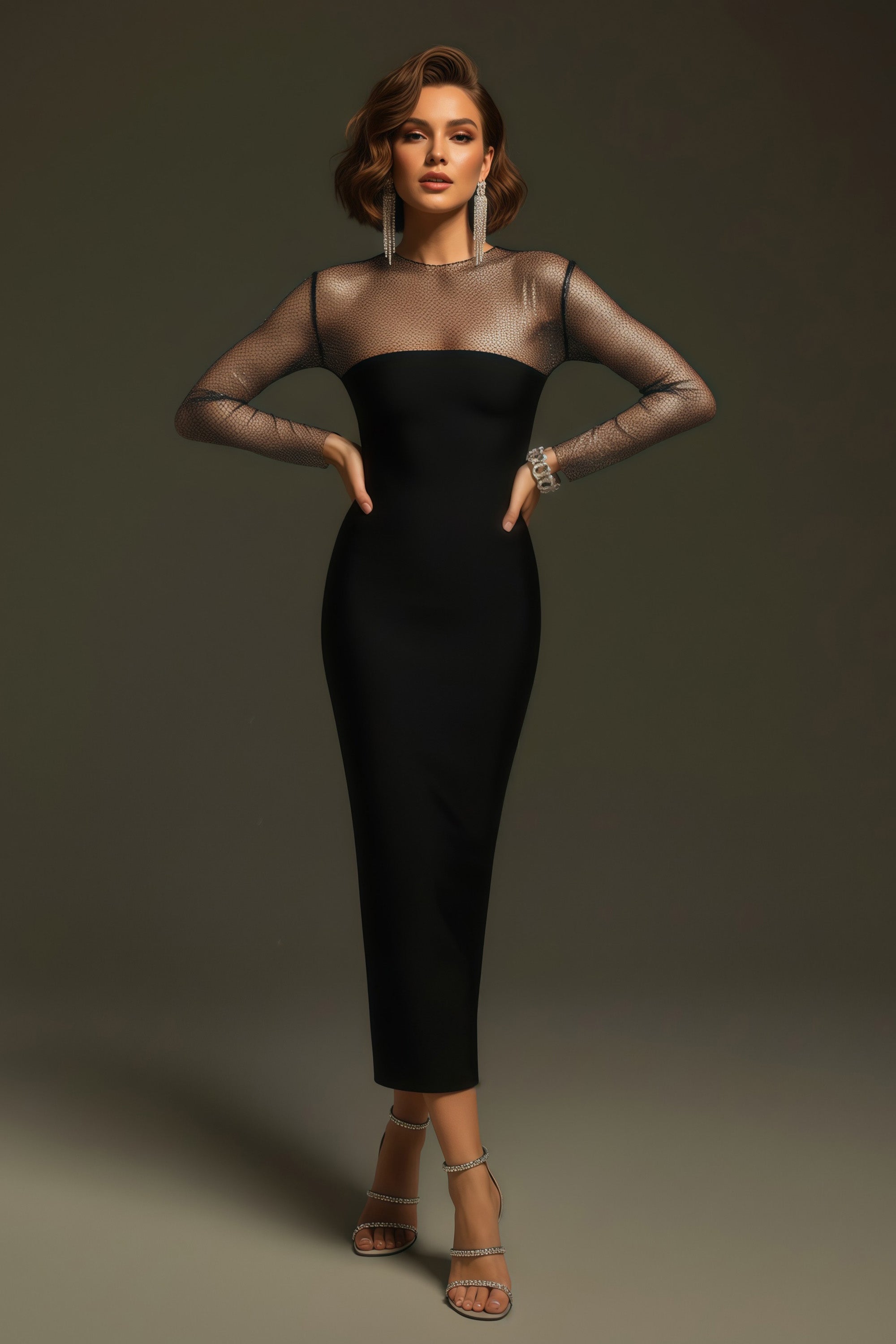 Illusion Mesh Long Sleeve Bodycon Column Midi Dress
