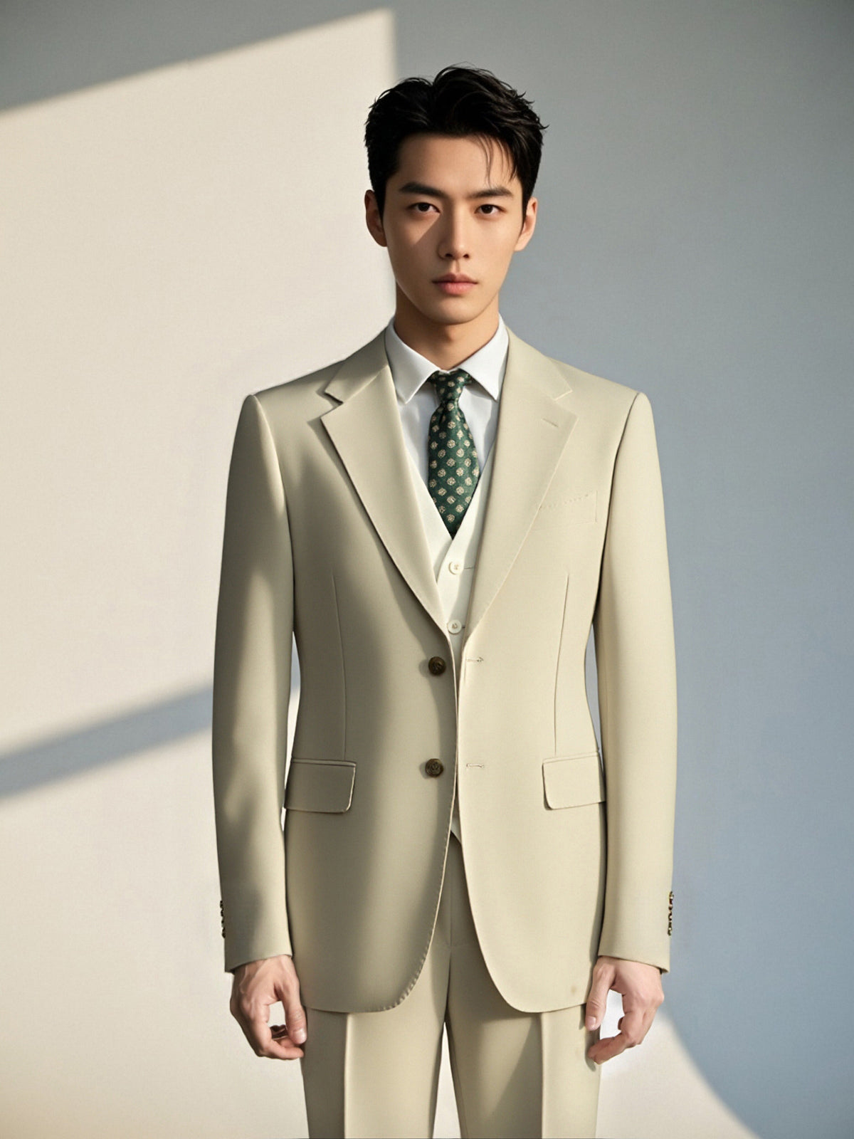 Cream Three Piece Wool Suit For Summer Wedding Groom Attire (ZD17093)