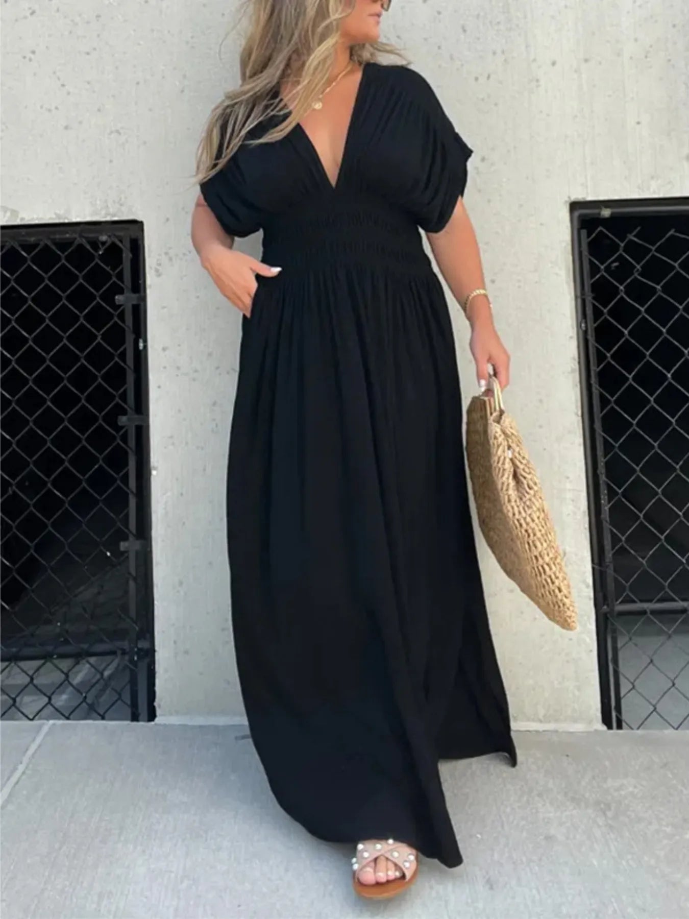 Letizia Minimalist Maxi Dress with V Neckline and Side Slit Premium Wardrobe Essential