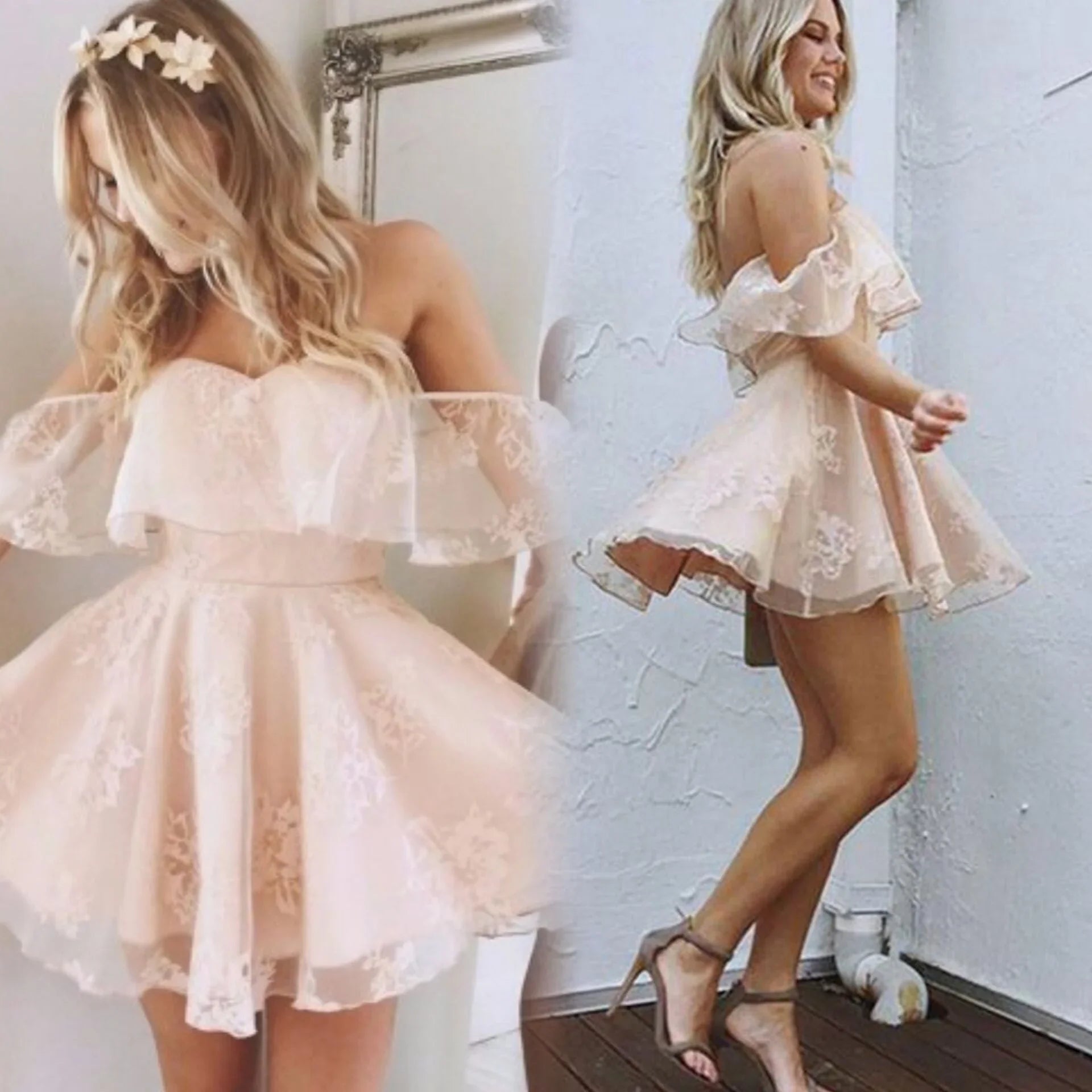 A-Line Off Shoulder Mid Back Lace Homecoming Dresses (ZD11587)