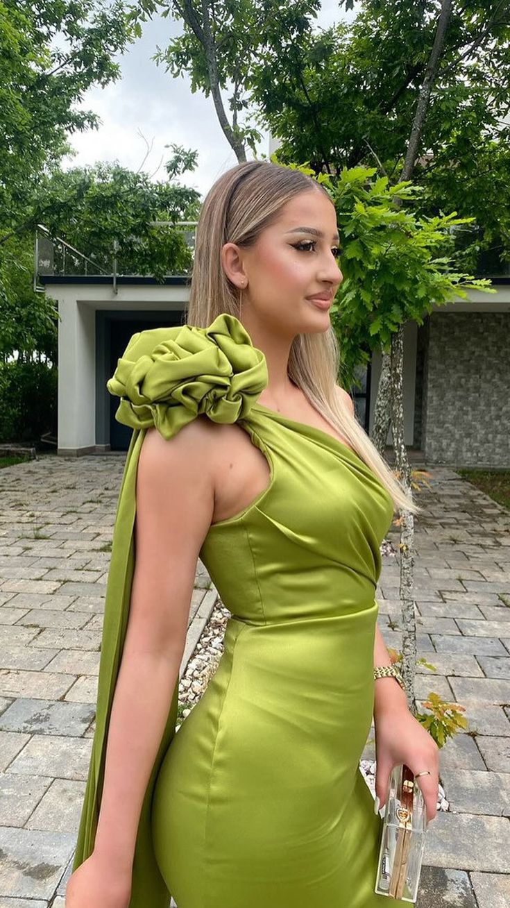 Sexy Sheath Long Party Prom Dress Olive Green One Shoulder Prom Evening Dress Y8009 - View 3 | VelvetHem