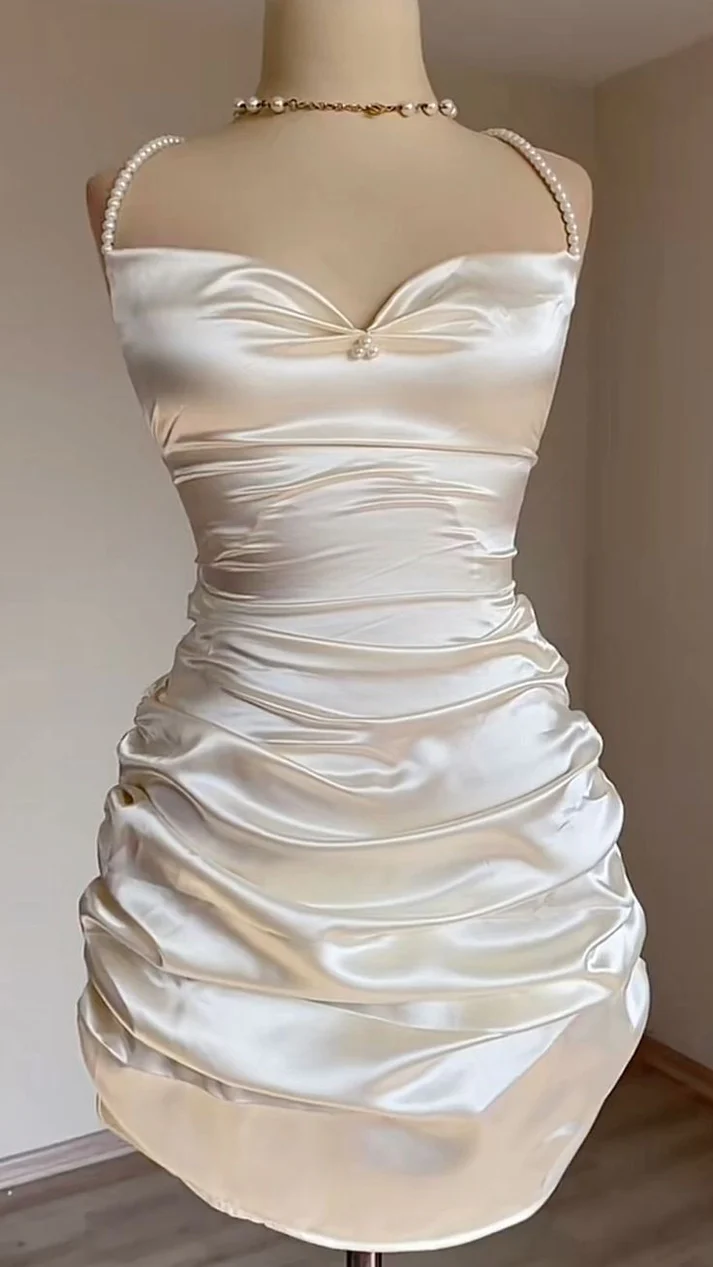 Sexy White Short Satin Sheath Birthday Dress Short Prom Dress Homecoming Dress