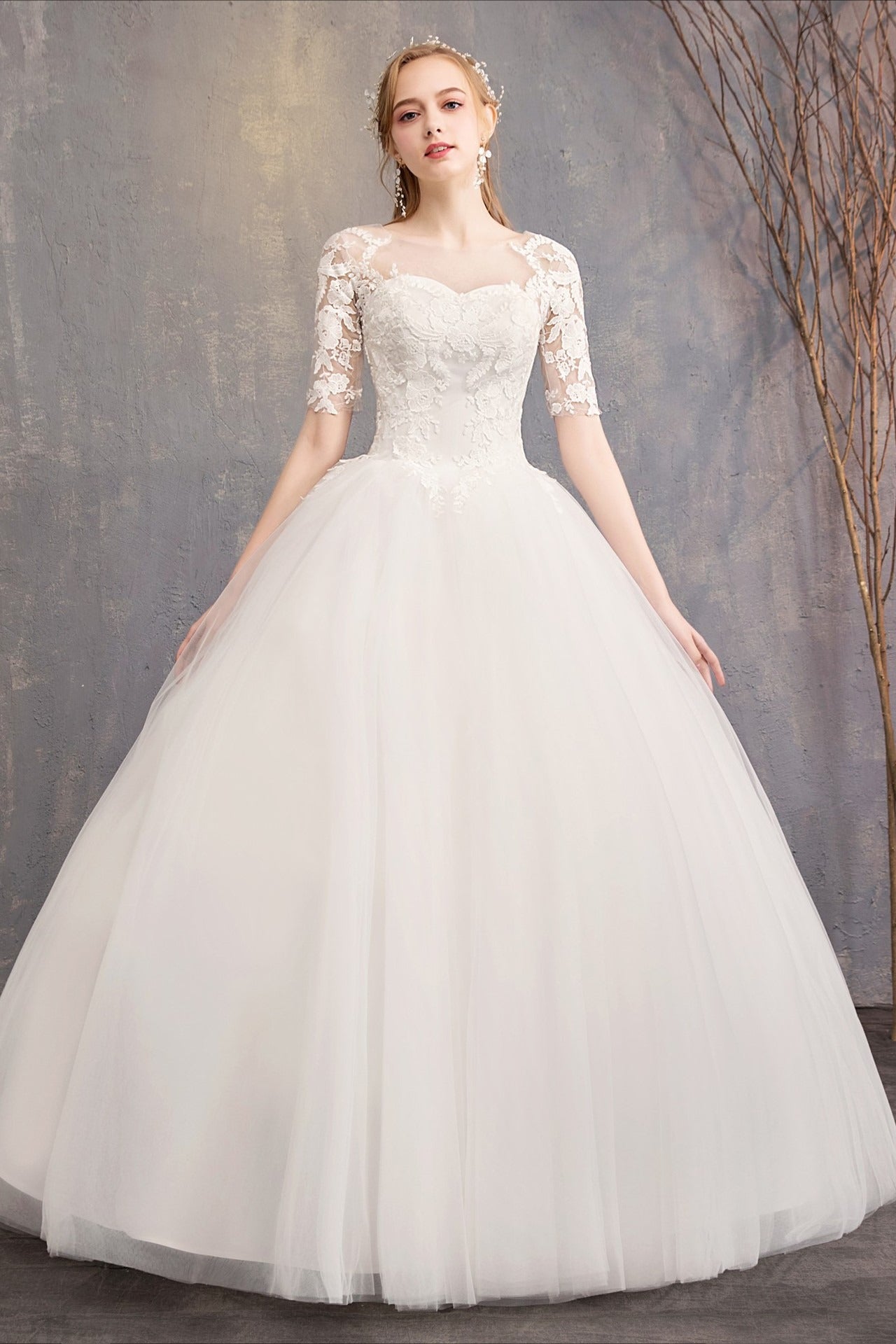 Lace Three Quarter Sleeve Wedding Dress