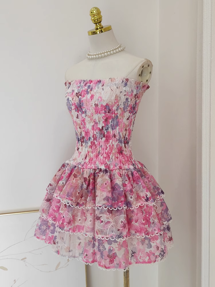 Cute A-Line Strapless Sleeveless Pink Floral Cocktail Dress Short Birthday Outfits - View 3 | FashionDia