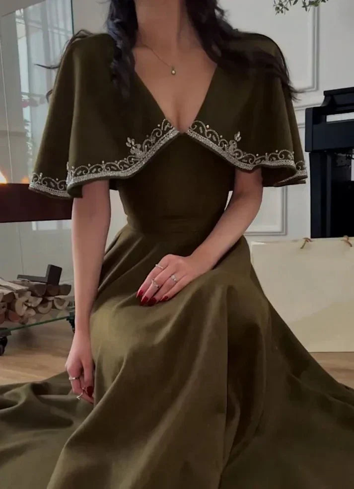 Retro Style V Neck Long Prom Dress,Winter Dance Dress