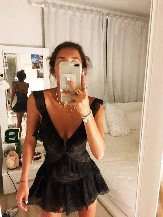 Deep V Neck Black Lace Homecoming Dress Black Party Dress Y2057 by simplepromdress