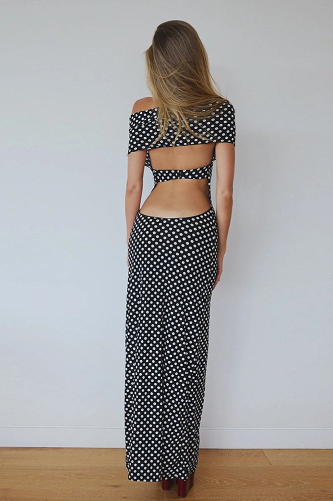 Polka Dot Halter Neck Bodycon Maxi Dress - View 3 | VelvetHem