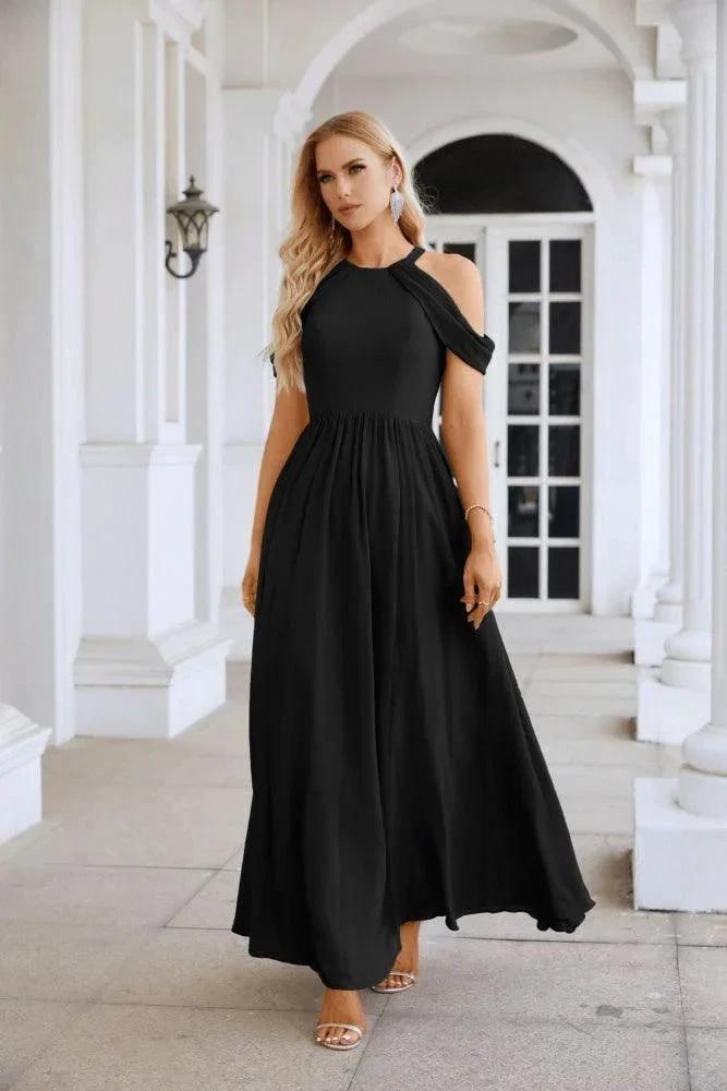 Ladies Chiffon Off Shoulder Swing Sleeve Front Slit Bridesmaid Evening Dress Wedding Party Evening Dress 28117 by numbersea