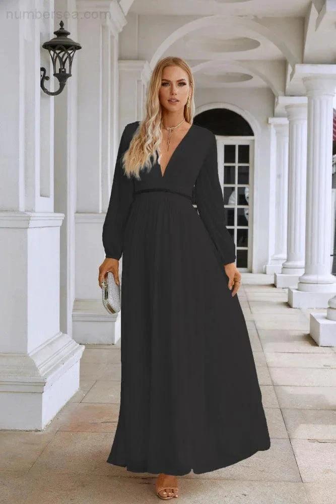 Ladies V Neck Chiffon Long Sleeve Front Slit Bridesmaid Evening Dress Wedding Party Shopping Evening Dress 28109 (ZD16991)
