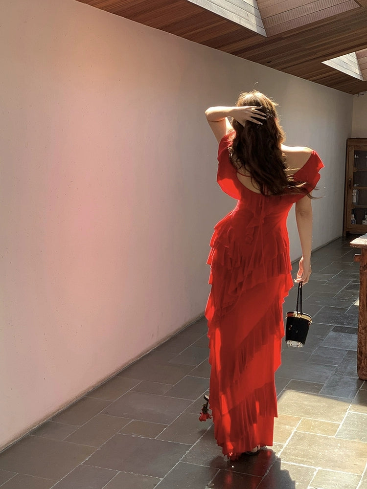 Off The Shoulder Red Long Prom Dress Ruffle Evening Dress J8609