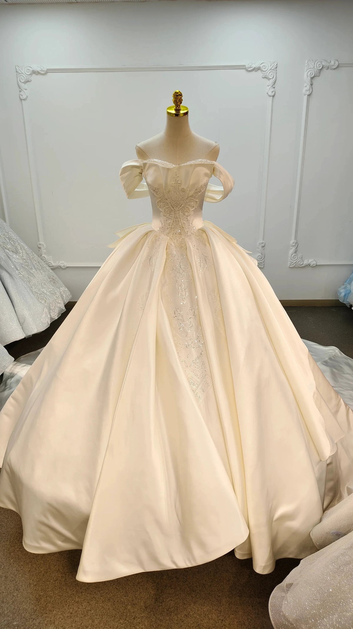 Ivory Lustre Off-Shoulder Ballgown Pearl-Embroidered Bodice & Cathedral Satin Train (ZD16789)