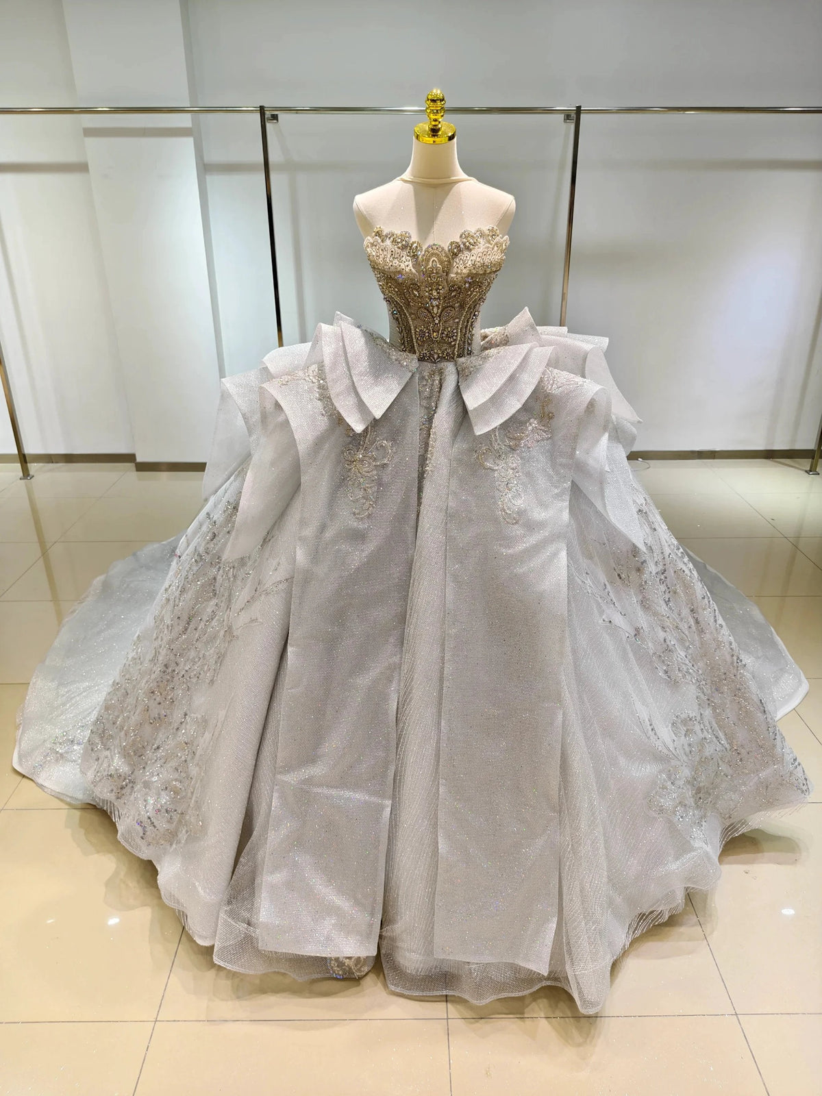 Silver Haze Strapless Ballgown: Gilded Beaded Bust & Ruffled Train by ZAPDRESS