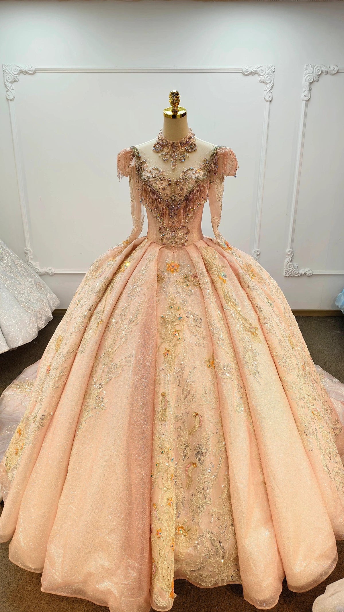 Lavish Blush Pink High-Neck Ball Gown Wedding Dress with Beaded Fringe & 3D Floral Embroidery Ye-2026 (ZD16807)