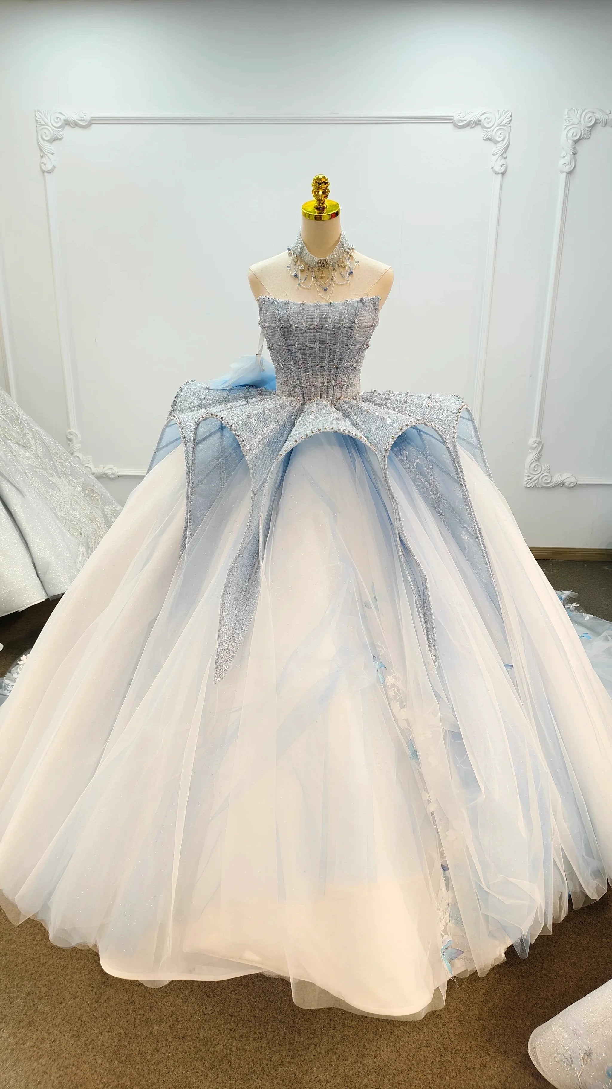 Enchanting Light Blue Ball Gown Strapless Beaded Mesh Wedding Dress with 3D Butterfly Accents Ye-2016 by ZAPDRESS