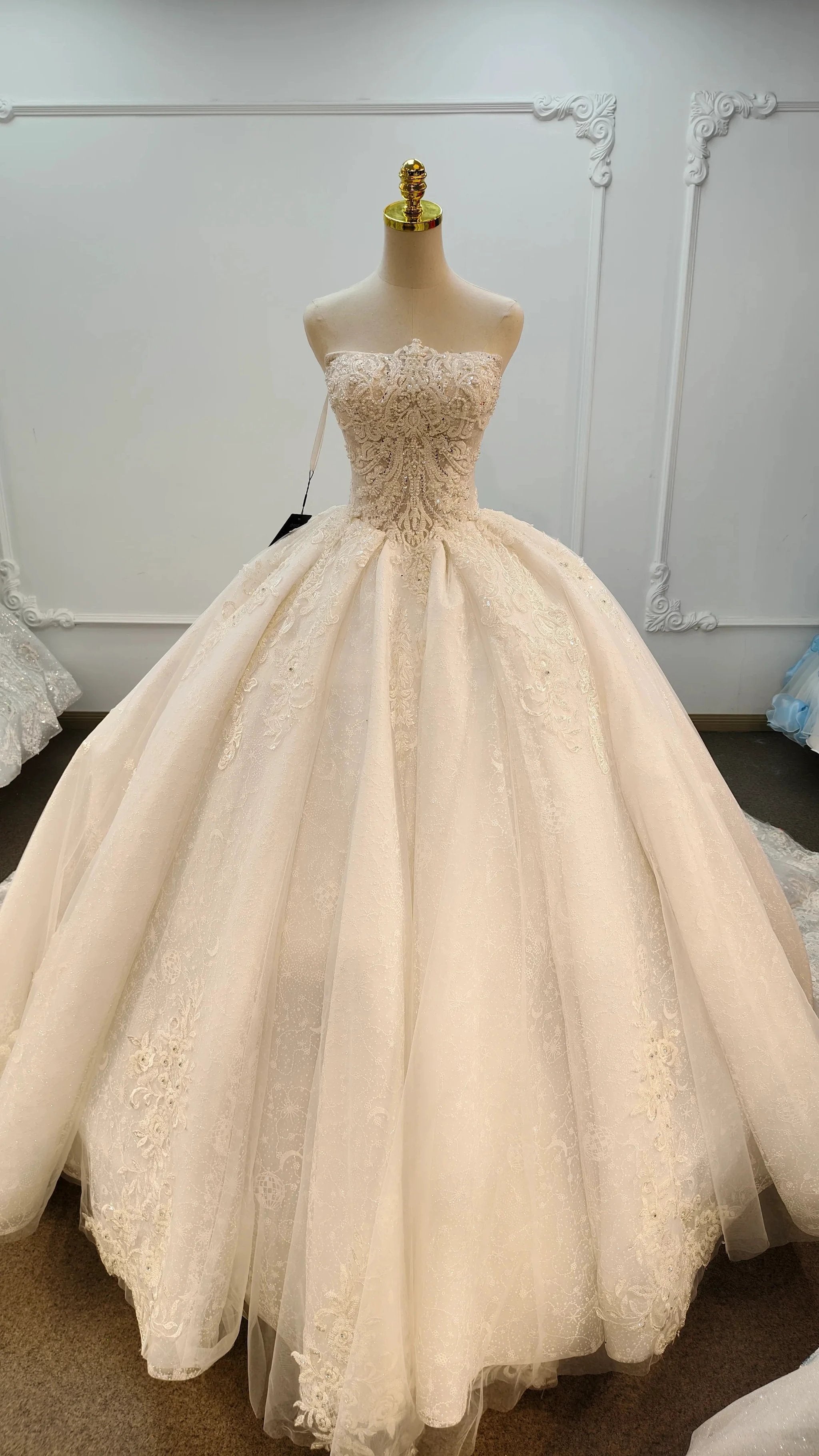 Opulent Strapless Ball Gown Wedding Dress with Pearl Beaded Lace, Sequin Tulle & Corset Lace-Up Back Ye-2030 (ZD16811)