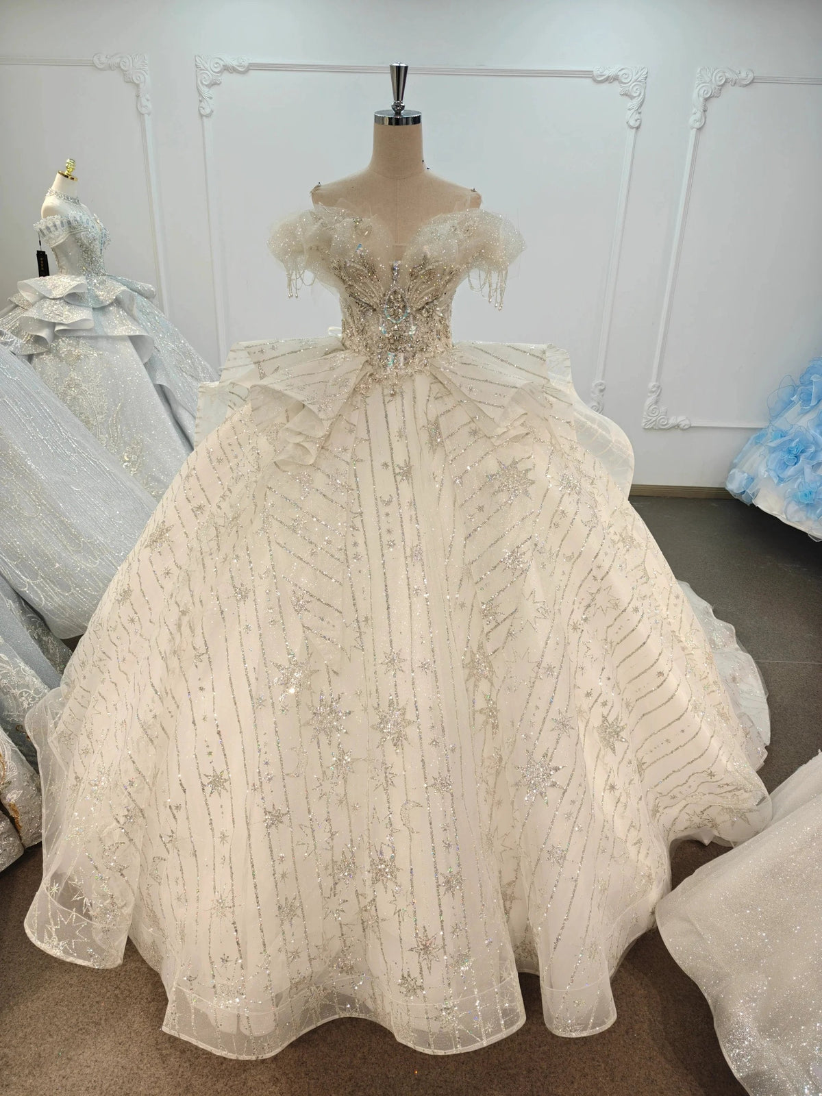 Ivory Starlight Off-Shoulder Ballgown Celestial Sequin Skirt & Beaded Tassel Bodice by ZAPDRESS