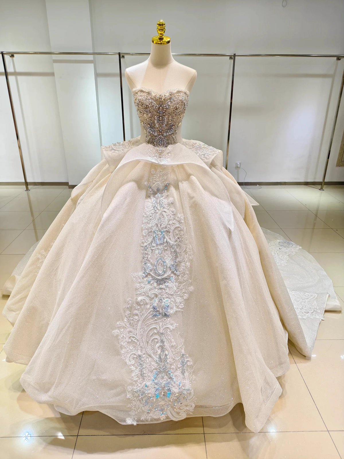 Ivory Glimmer Strapless Ballgown: Iridescent Beaded Bust & Flowing Train (ZD16774)