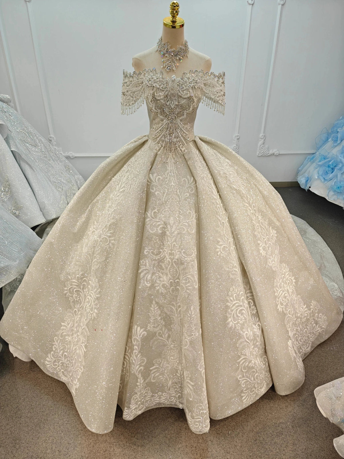 Champagne Glimmer Off-Shoulder Ballgown Crystal Fringe Bust & Embroidered Train by ZAPDRESS