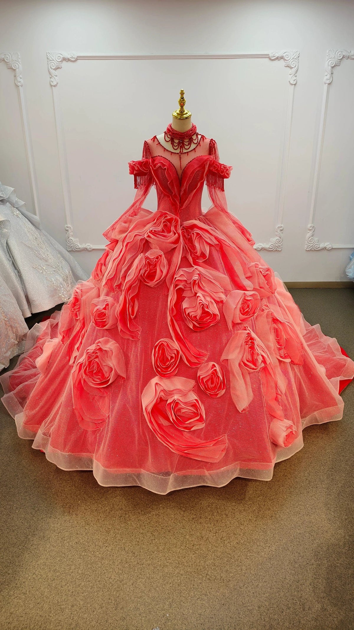 Vibrant Coral Red Off-the-Shoulder Ball Gown Wedding Dress with 3D Rose Appliqués & Beaded Tassels Ye-2036 (ZD16827)