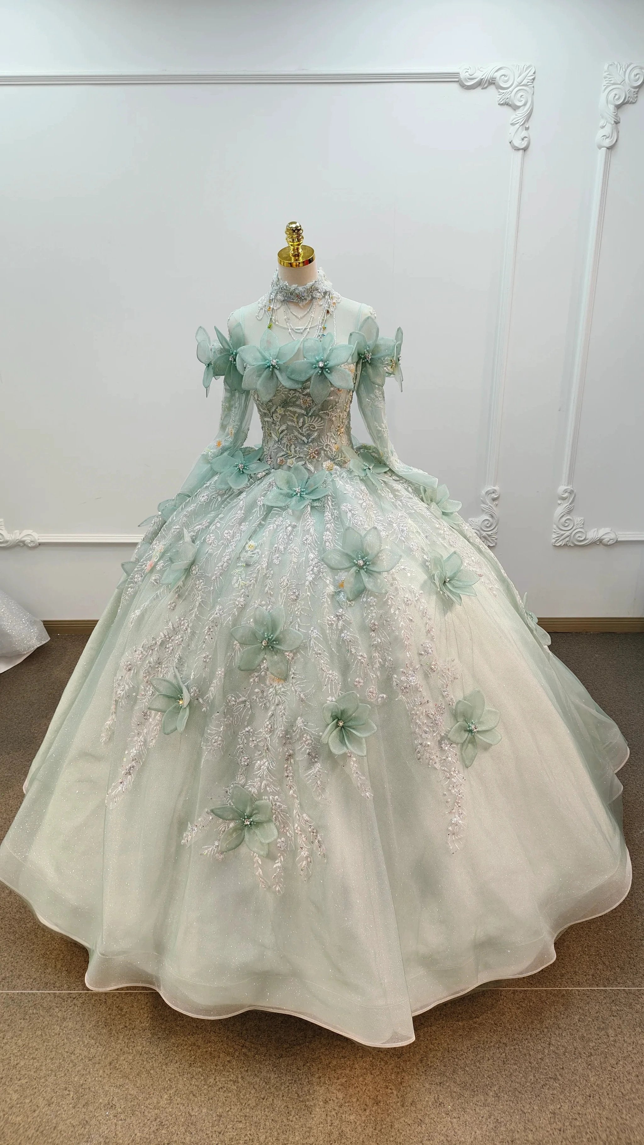 Fairy-Tale Mint Green High-Neck Ball Gown Wedding Dress with 3D Organza Flowers & Crystal Embroidery Ye-2025 (ZD16806)