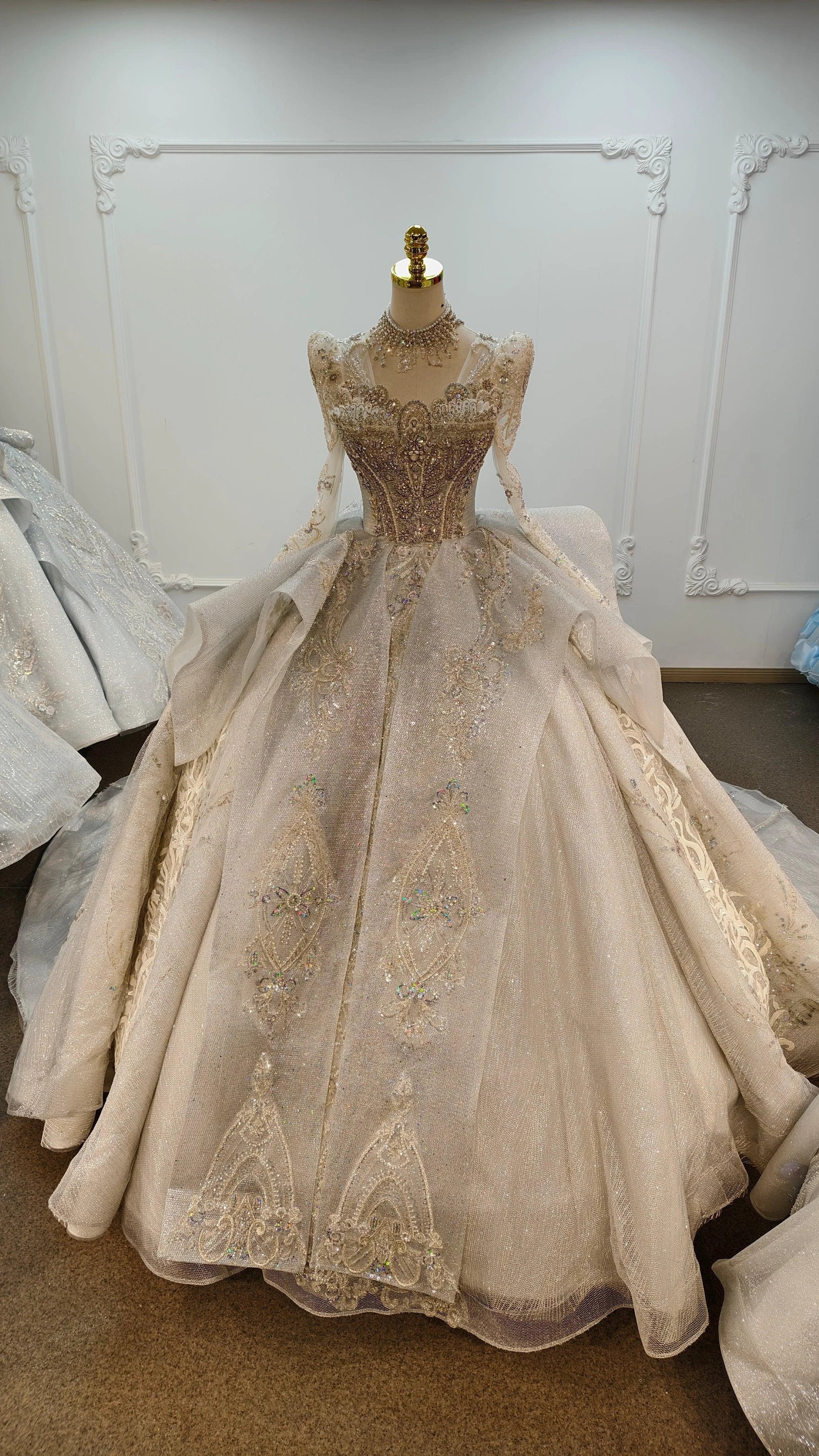 Gorgeous High-Neck Sequin Ball Gown Wedding Dress with Crystal Embroidery & Sheer Long Sleeves Ye-2021 (ZD16802)