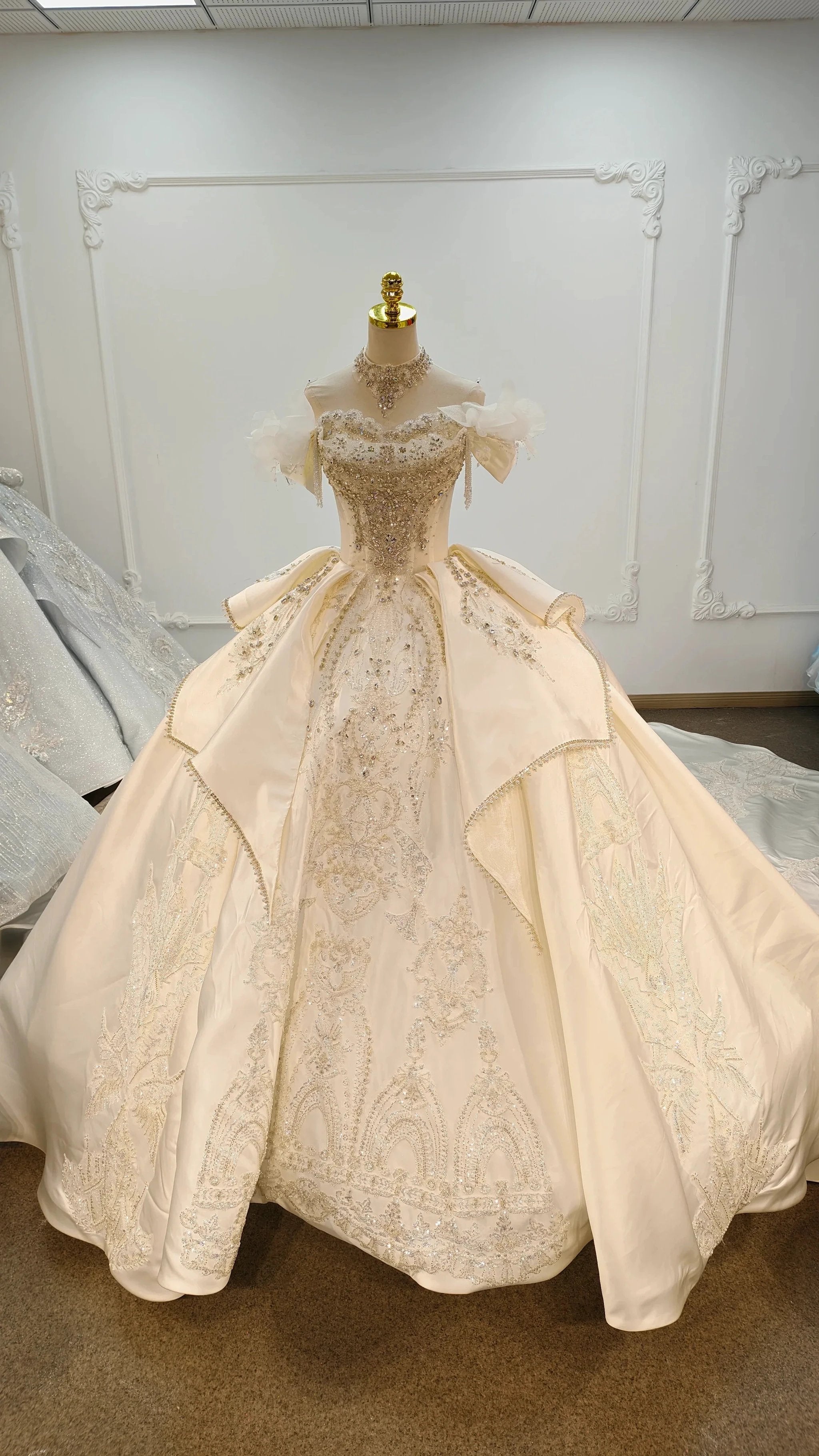 Champagne Glimmer Off-Shoulder Ballgown Crystal-Embroidered Skirt & Fringed Collar (ZD16787)