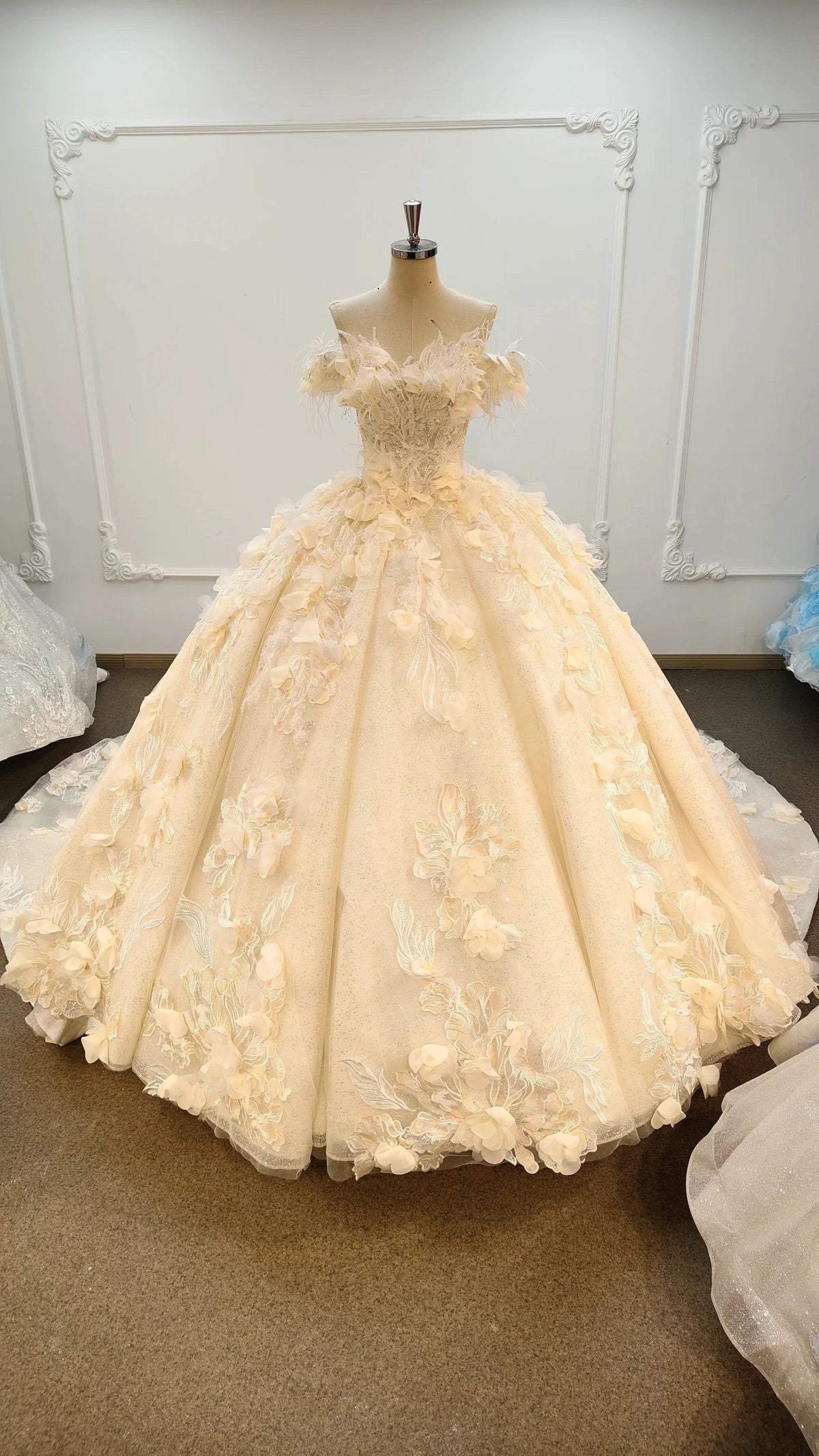 Ethereal Off-the-Shoulder Ball Gown Wedding Dress with 3D Floral Appliqués, Pearl Beading & Glitter Tulle Ye-2038 (ZD16830)