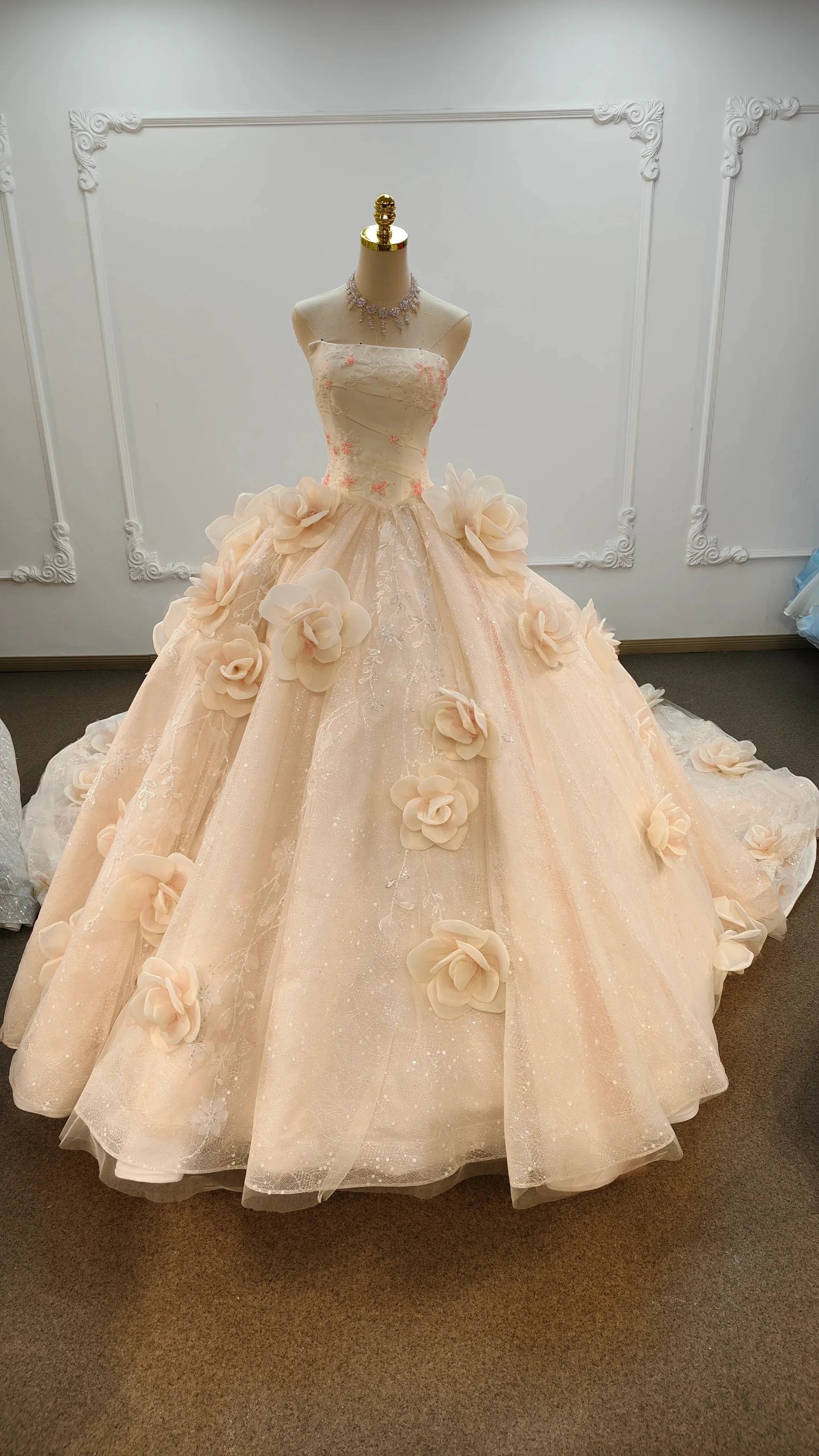 Romantic Blush Ball Gown Strapless 3D Rose Embellished Beaded Wedding Dress with Sparkling Train Ye-2019 by ZAPDRESS