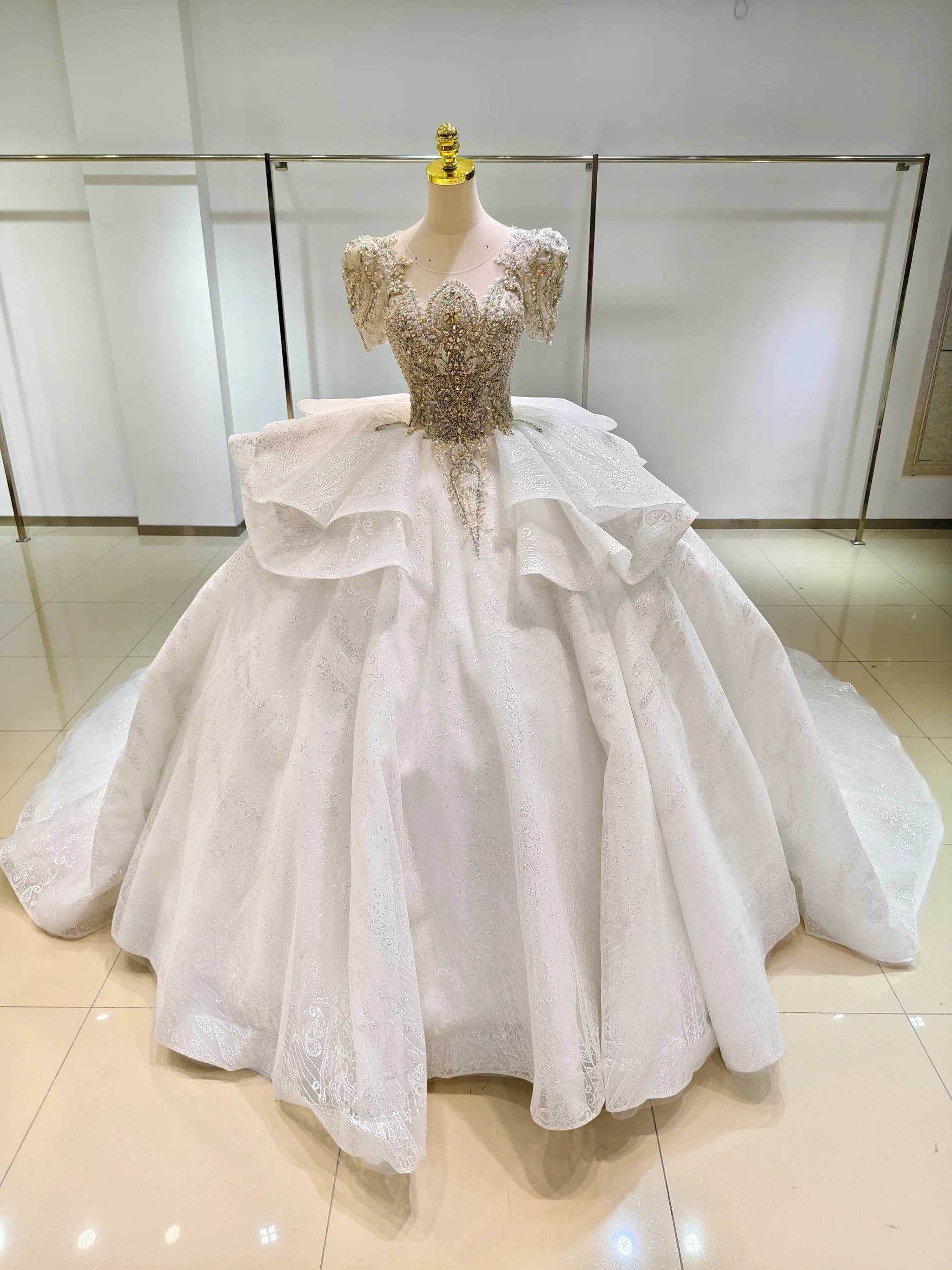 Silver Sparkle Cap-Sleeve Ballgown Beaded Bust & Bow Train by ZAPDRESS