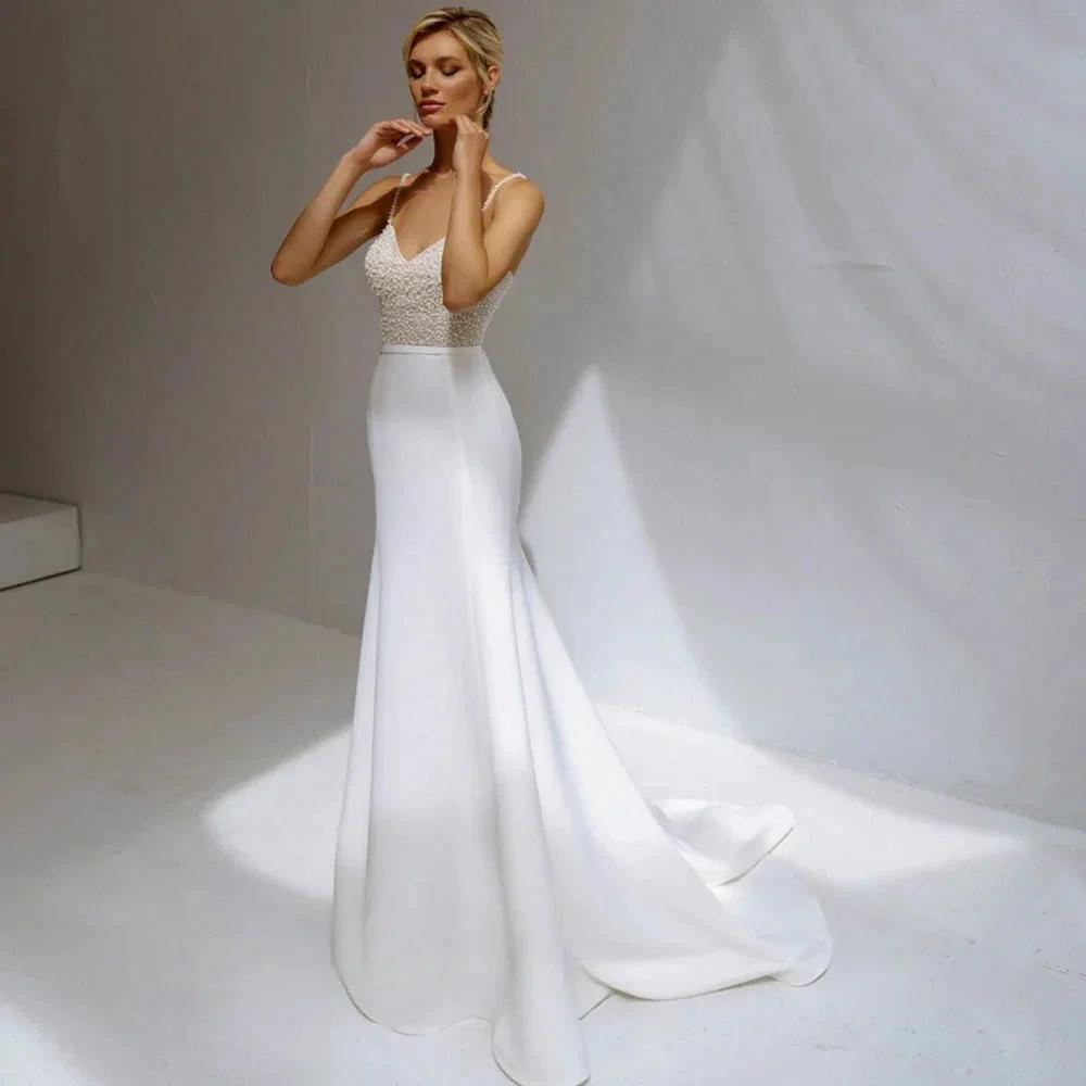 Shinning Sheath Pearl Wedding Dresses Spaghetti Strap Satiin Beads V-Neck For Women Robe De Mariée Formal Brides Gown (ZD13381)