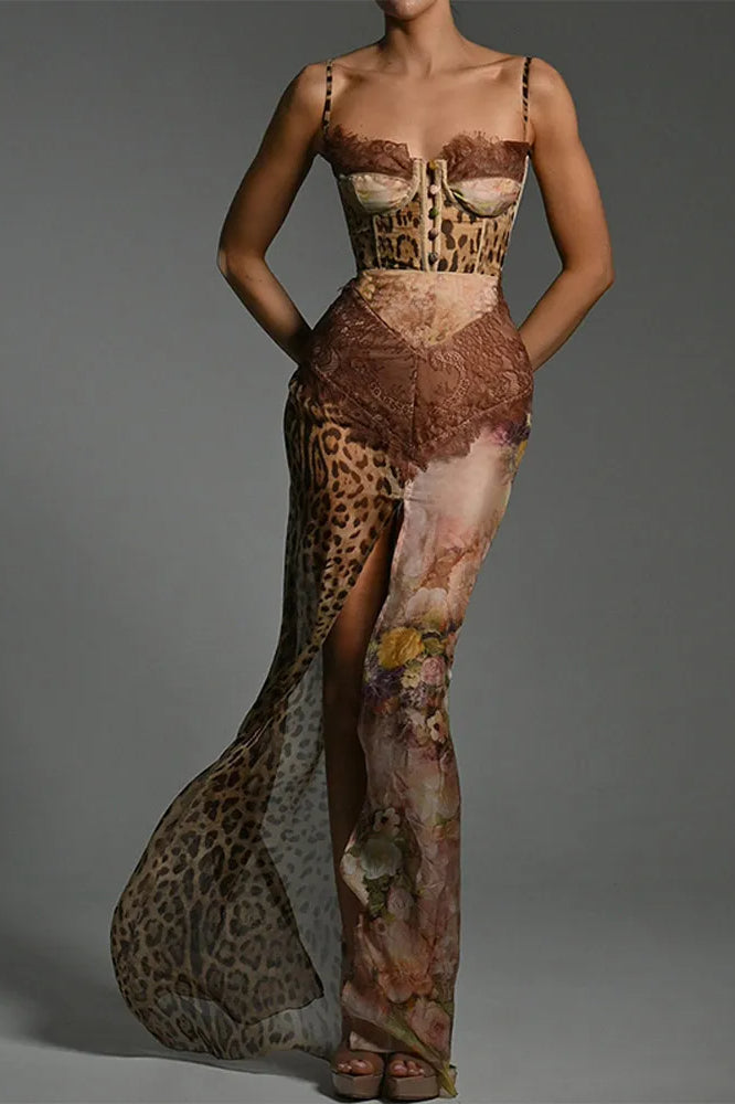 Leopard Lace Mesh Midi Dress