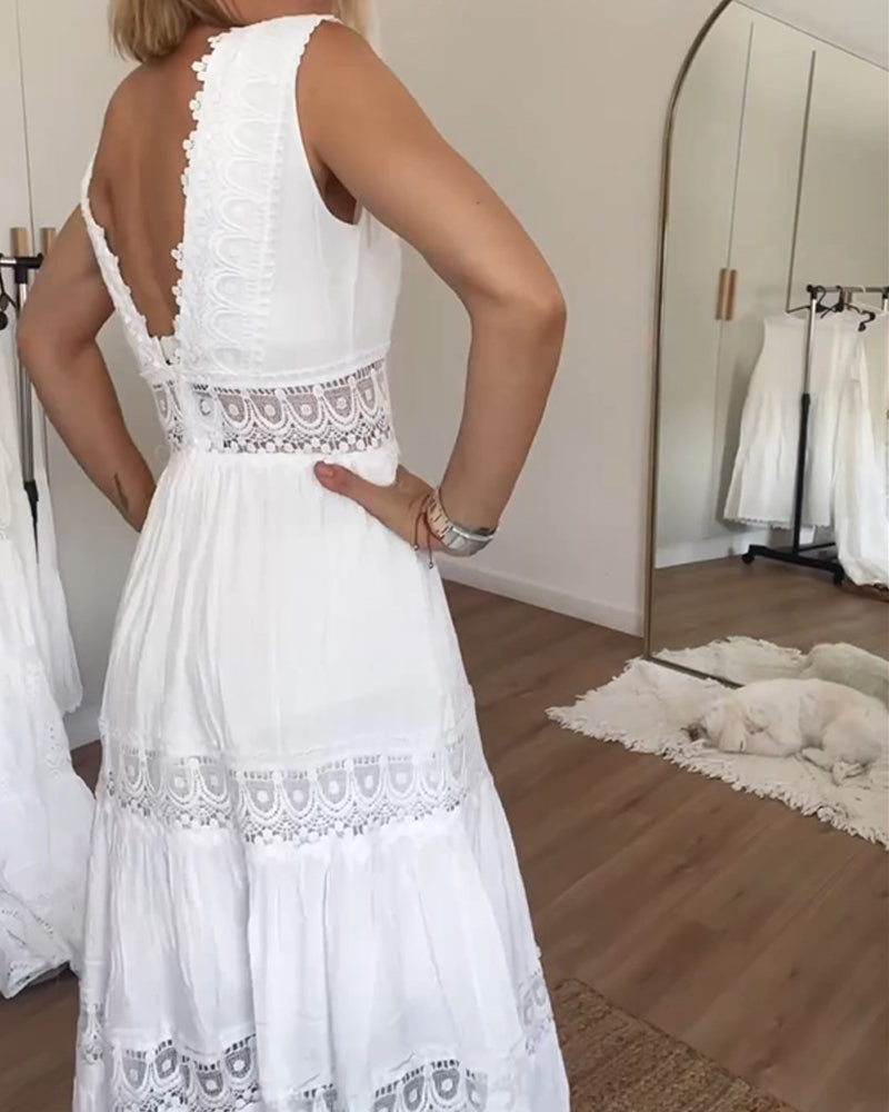 Carmen Chic Sleeveless Lace Dress with V Neckline Elevated Occasion Wear