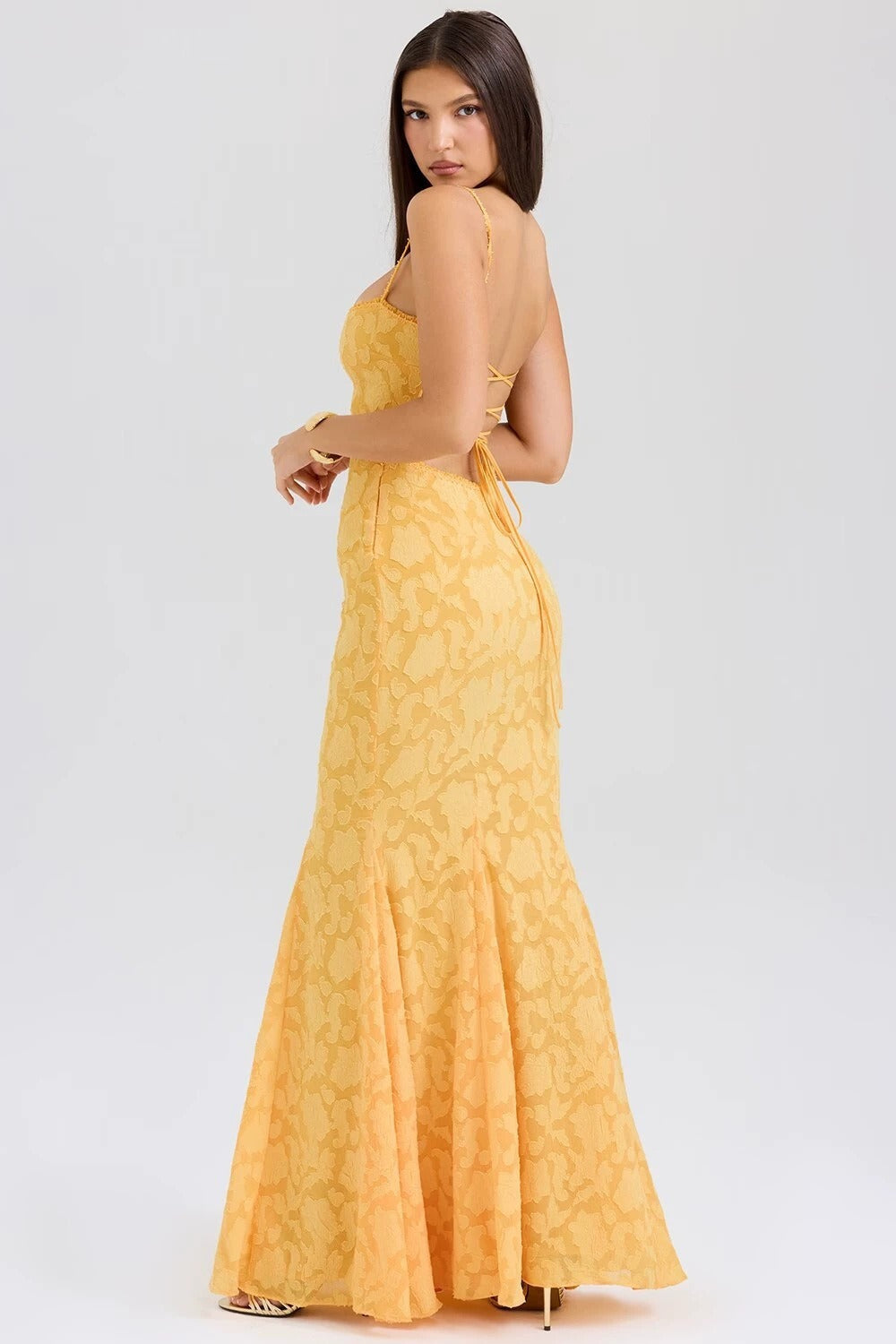 Jacquard Mermaid Cami Maxi Lace Dress - View 12 | VelvetHem